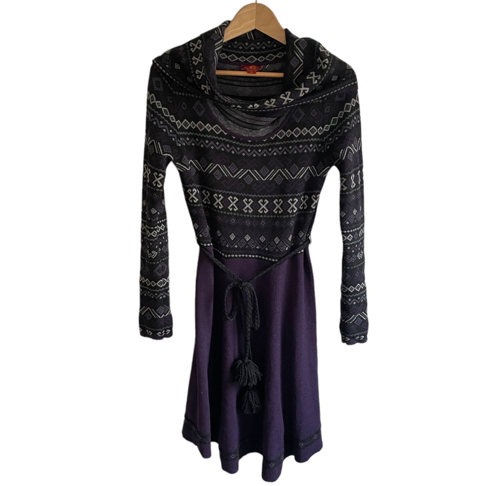 Krimson Klover Merino Wool Sweater Dress Fair Isle Fit Flare Cowl Neck